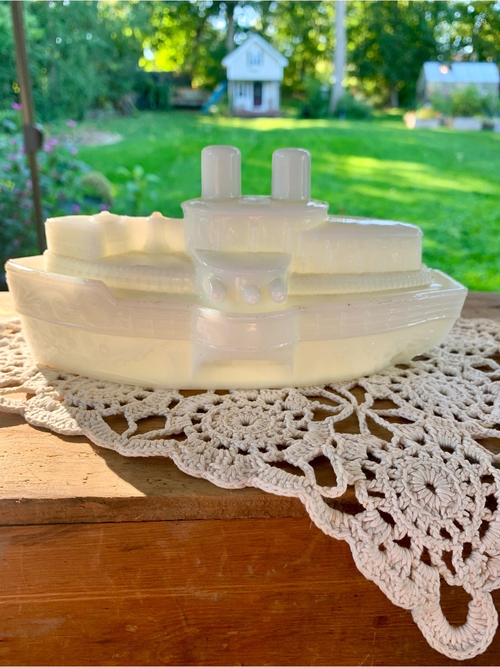 Antique 1898 C.L. Flaccus Milk Glass USS Maine Battleship Covered Dish
